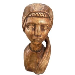 Vintage Caribbean Hand carved Wooden Woman Bust Sculpture with Scarf 11"
